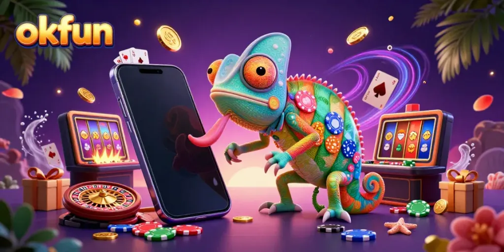 Experience vibrant casino action with okfun's chameleon owner collecting golden coins and gaming elements.