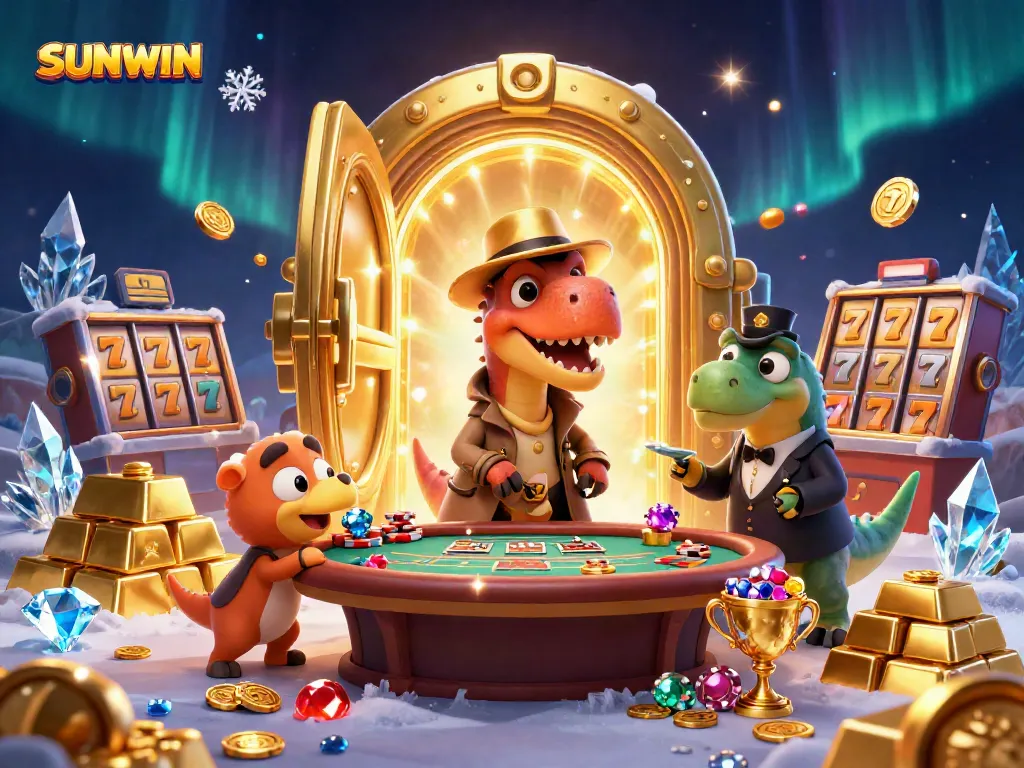 SUNWIN themed 3D casino illustration with cartoon characters enjoying blackjack and treasure.