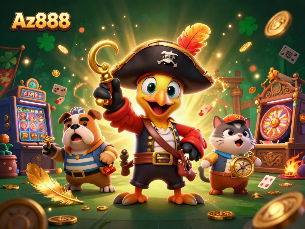 Experience the thrill of Az888 with a vibrant 3D illustration showcasing a pirate captain and his crew in a lively casino scene.