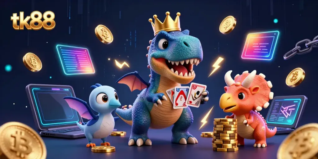 Engage with tk88's dynamic casino scene featuring a T-Rex playing cards and a baby triceratops stacking gold chips.