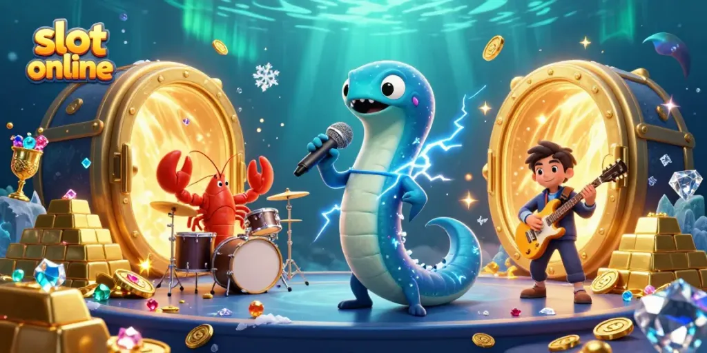 Slot online bermain di kasino dengan karakter ikan listrik DJ dan band, dikelilingi harta karun.