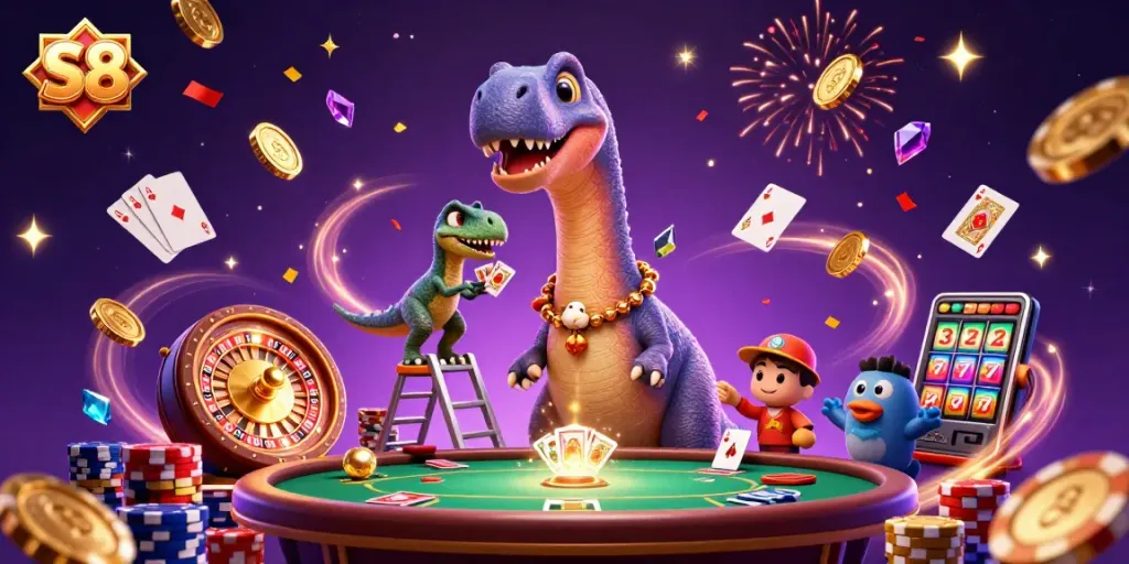 Experience S8 casino excitement with vibrant characters playing cards and winning big in a dazzling atmosphere.