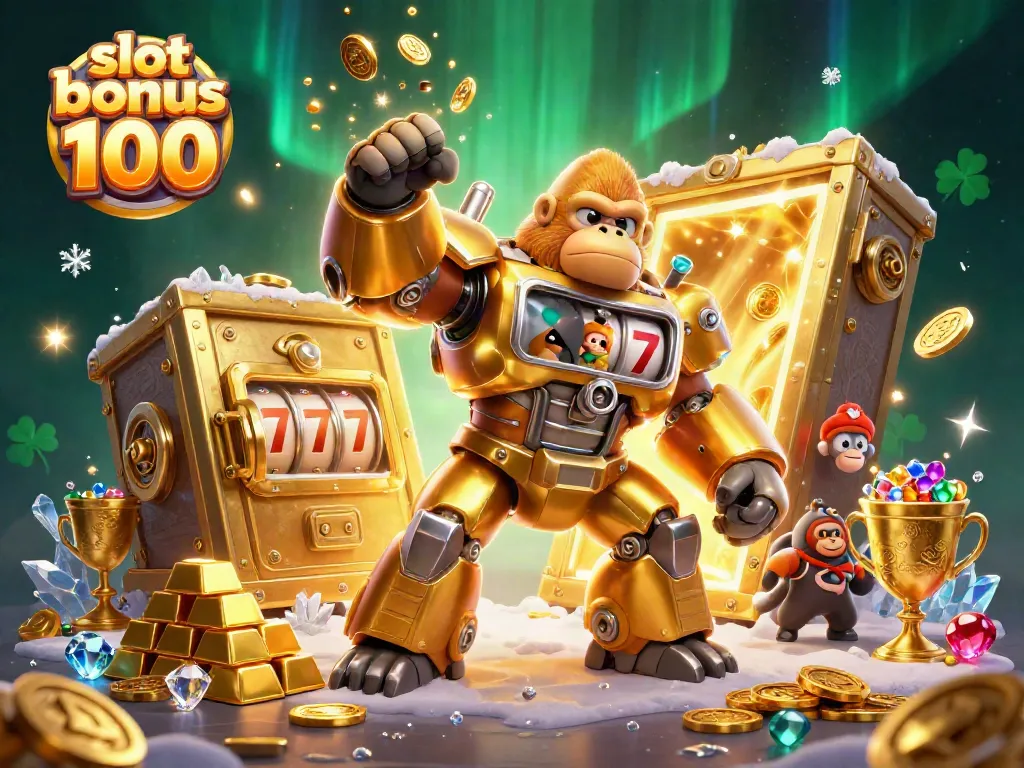 Engage in thrilling action with the slot bonus 100 illustrated by a golden gorilla mech and treasure