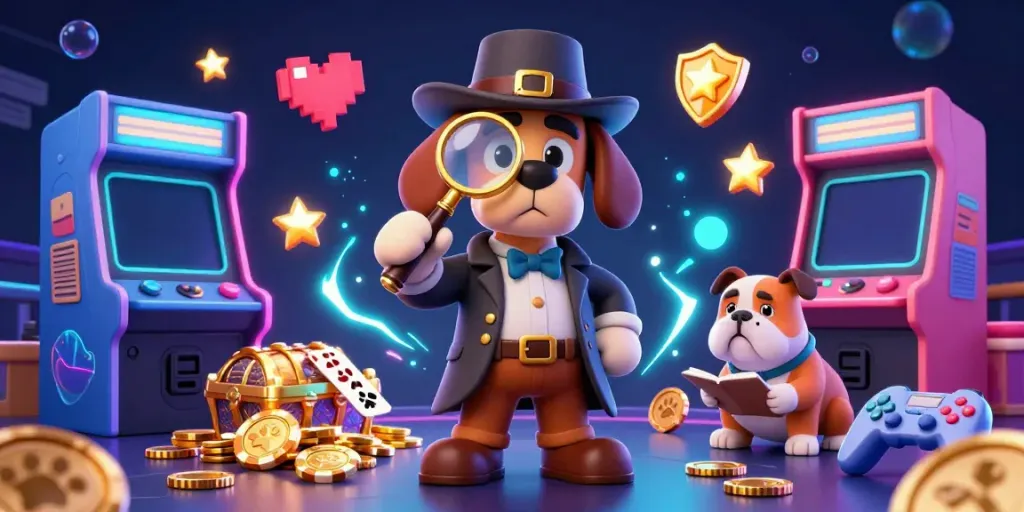 Engaging 3D illustration showing piktoto4d detective dog examining a poker chip clue amidst gaming elements.