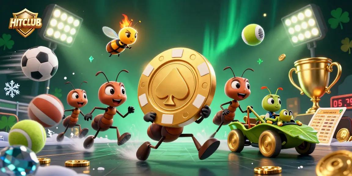 Engage with HITCLUB's thrilling casino adventure featuring ants in a heist scene with sports elements.