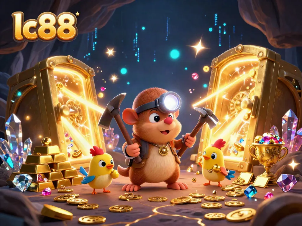 Experience the excitement of lc88 gaming with a treasure hunter mole in a vibrant casino cave scene.