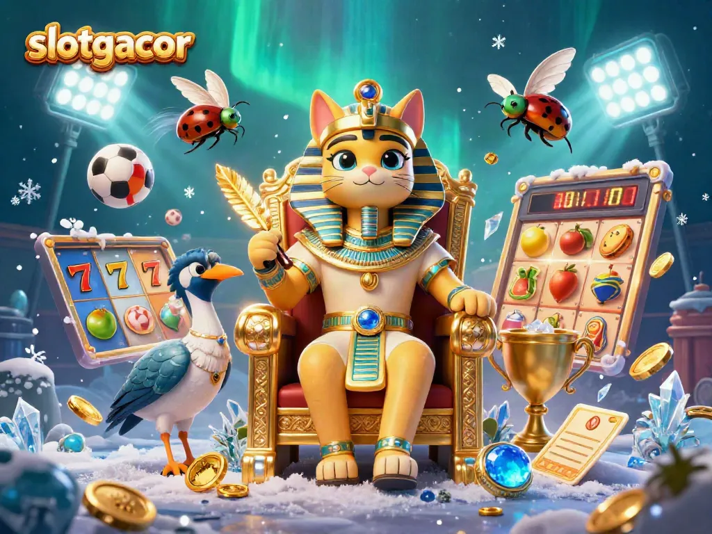 Experience slotgacor with vibrant Egyptian themes and dynamic slot elements in a richly detailed casino illustration.