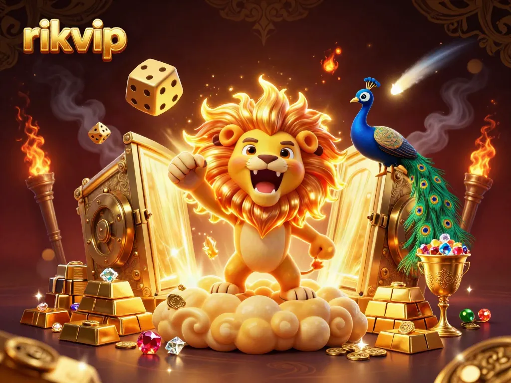 Experience the vibrant gaming world of rikvip with a dynamic illustration featuring a majestic sun lion and golden treasures.