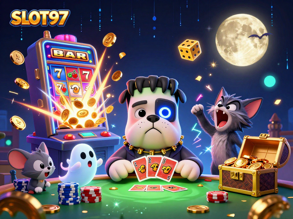 SLOT97 spins excitement as a Frankenstein bulldog deals cards, accompanied by ghostly fun in a vibrant casino scene.