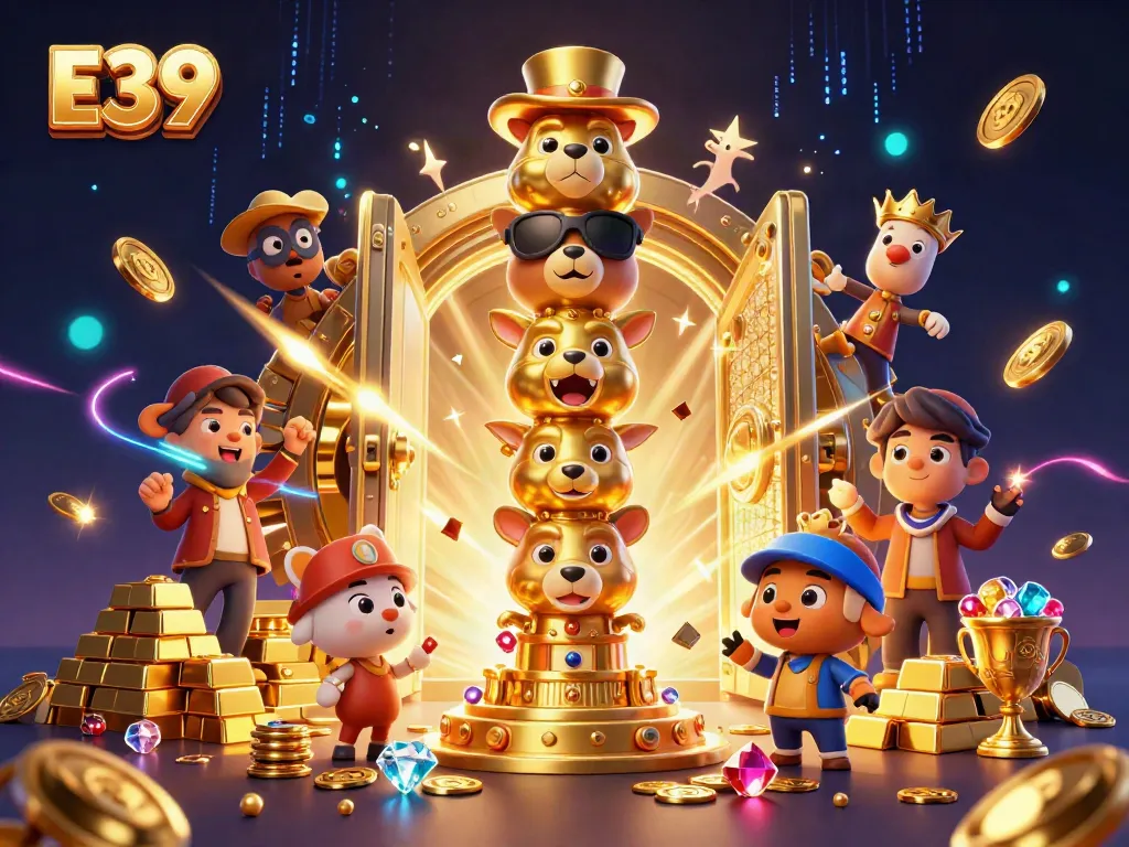 E39 casino illustration featuring a golden totem pole surrounded by treasure and vibrant casino elements.
