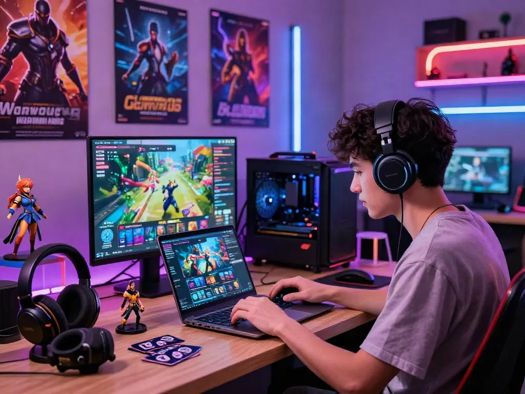 Engaged gamer shopping on warung168 for digital game vouchers and merchandise