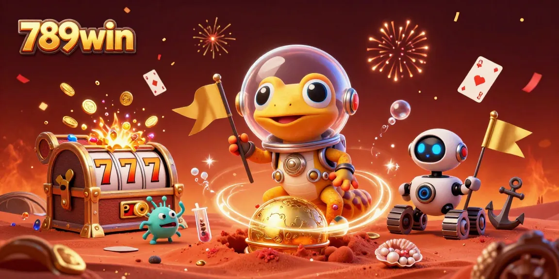 Join the fun at 789win with a Martian gecko exploring a golden casino on Mars!