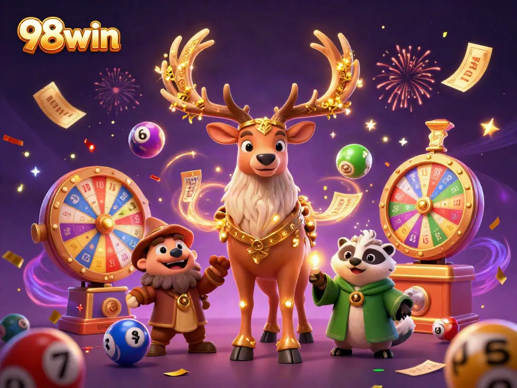 Join the excitement at 98win with vibrant lottery balls and casino elements in an enchanting scene.