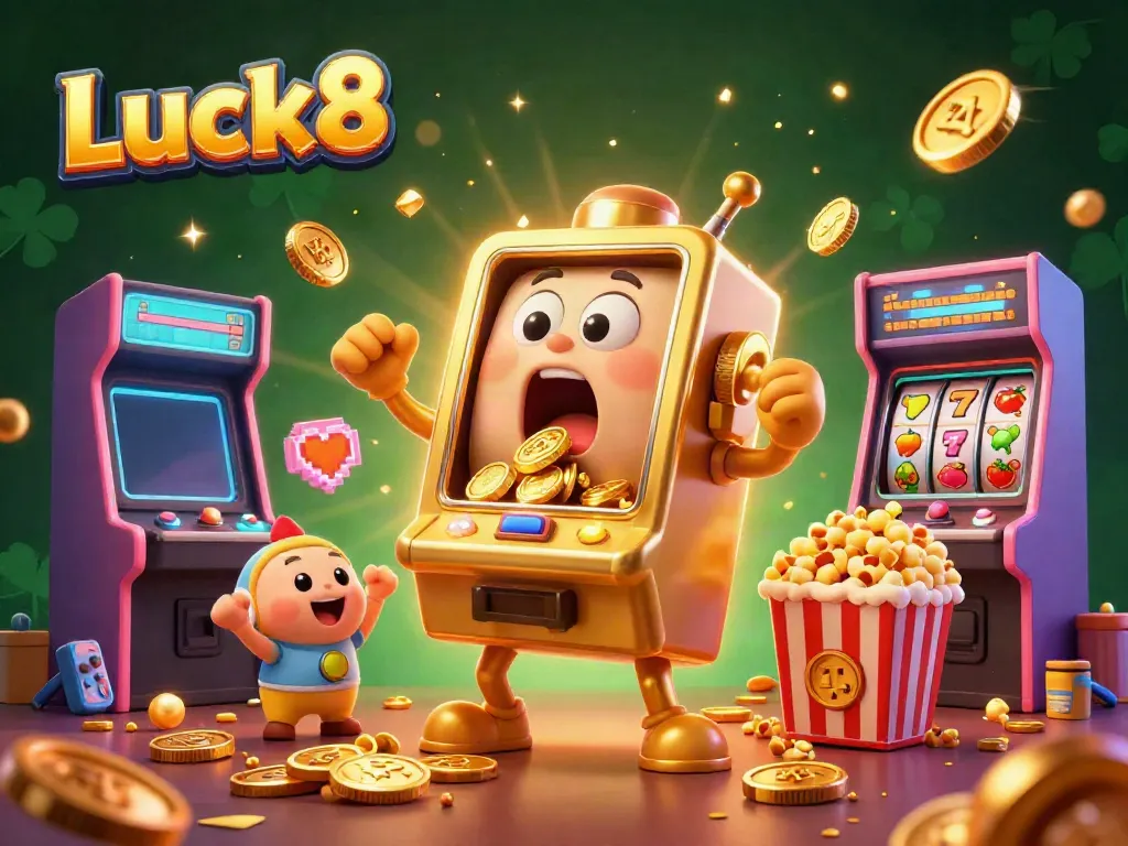 Luck8's 3D cartoon animation shows a slot machine celebrating a jackpot with golden coins pouring out, creating an exciting casino atmosphere.