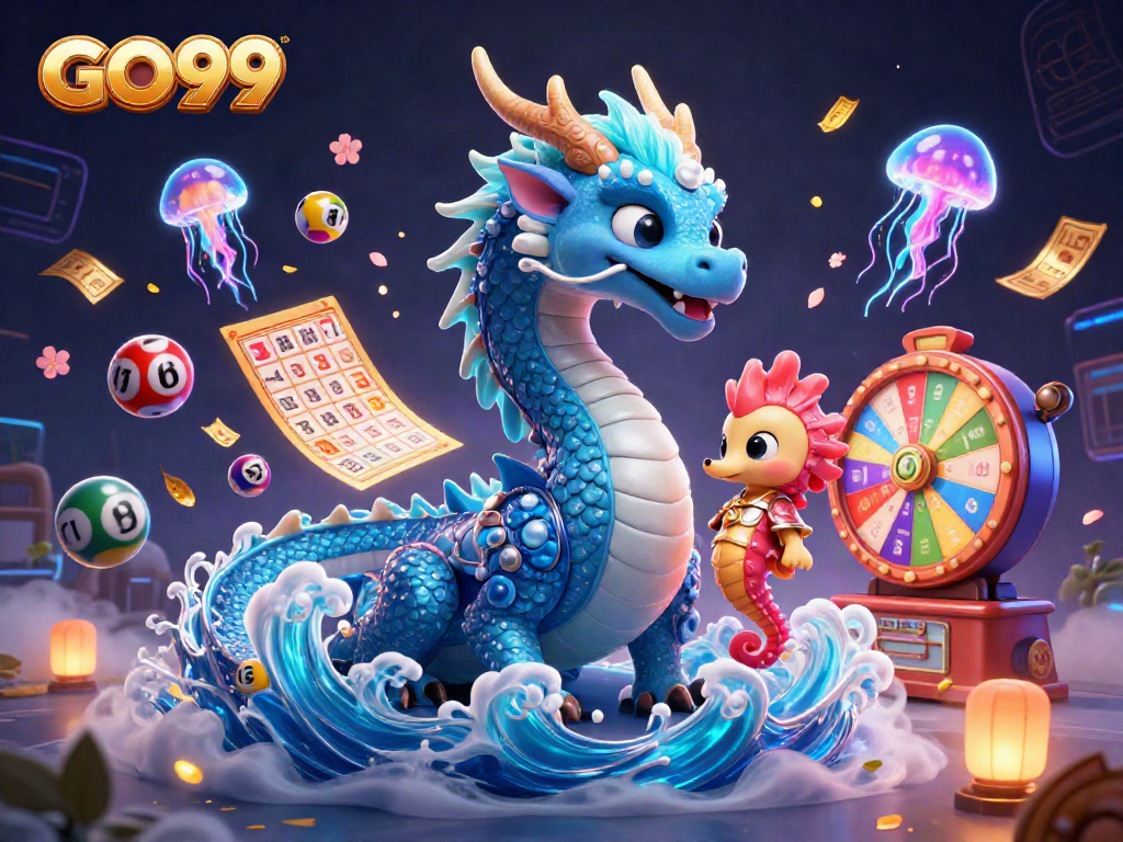 Engage with GO99's vibrant lottery scene featuring a mystical dragon and seahorse knight.