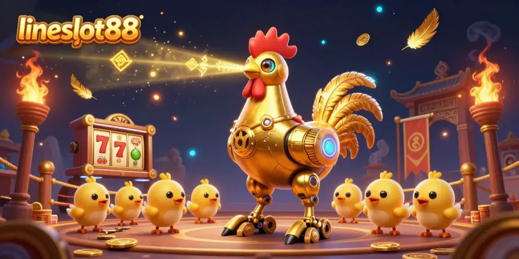 Engrave winning patterns at lineslot88 with the golden rooster robot and baby chick drones in an exciting slot scene.