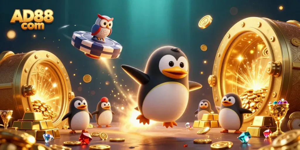Experience thrilling gameplay with AD88 com featuring a rocket-powered penguin and golden treasures.