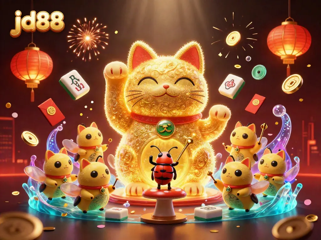 Experience the thrill of jd88 casino with a shimmering lucky cat and vibrant game elements.