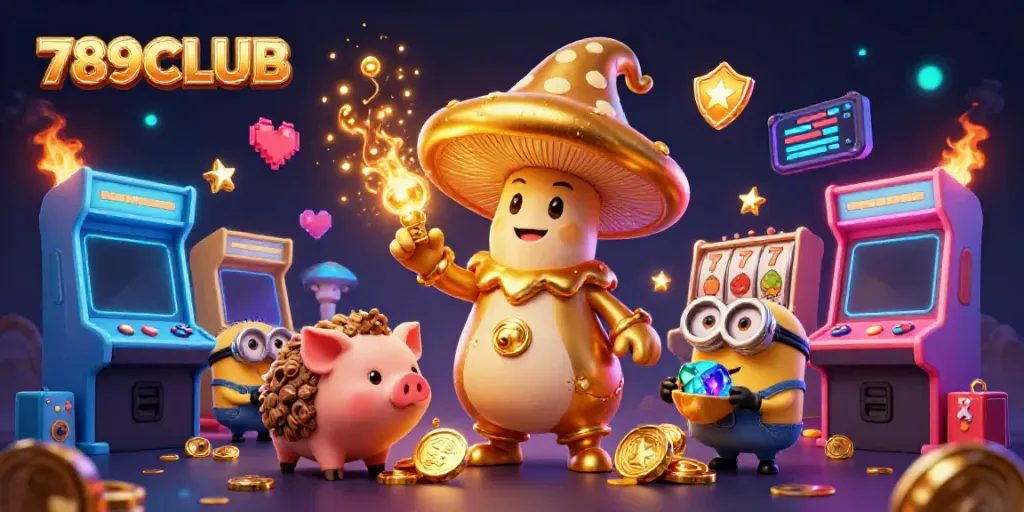 Experience the magic of 789CLUB with a dynamic 3D illustration blending casino games and whimsy.