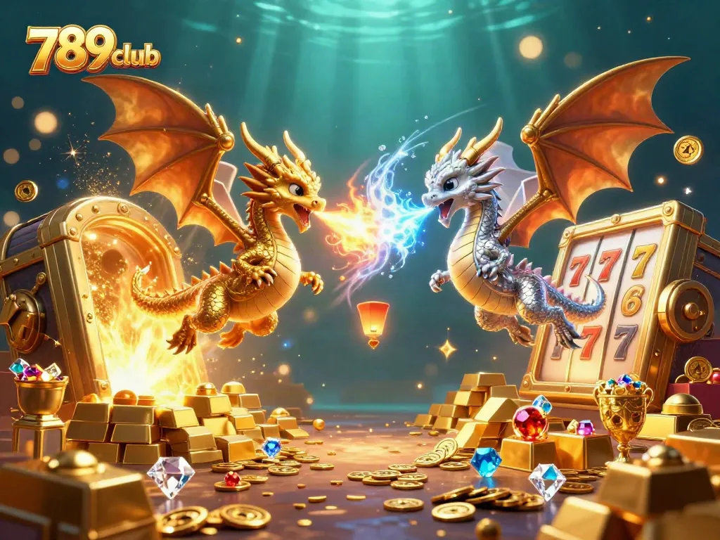 Experience thrilling gameplay with 789club as twin dragons battle in a vibrant casino scene.