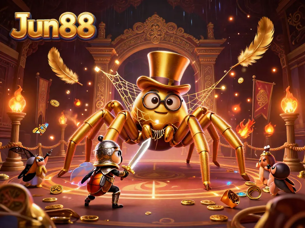 Experience Jun88's captivating casino scene featuring a golden tarantula and beetle knight in a vibrant setting.
