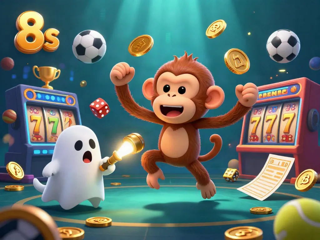 Experience 8s fun in a haunted casino with a juggling poltergeist monkey and a curious puppy, surrounded by vibrant slot reels.