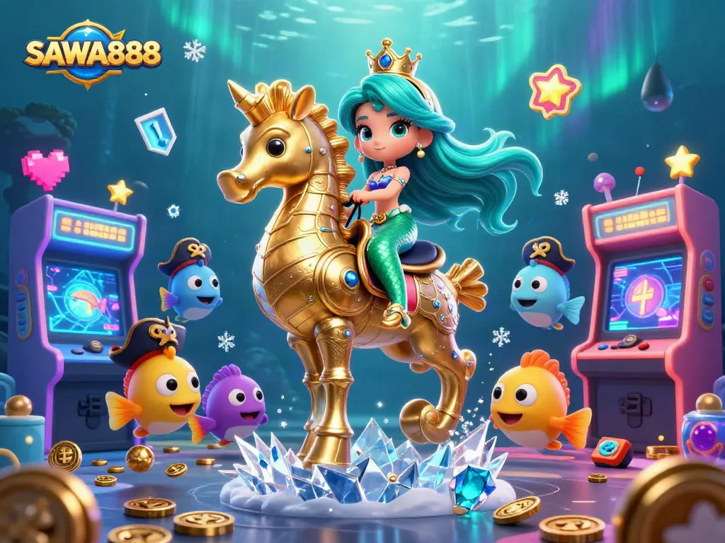 Engage with SAWA888's vibrant fish shooting adventure featuring a mermaid and a seahorse!