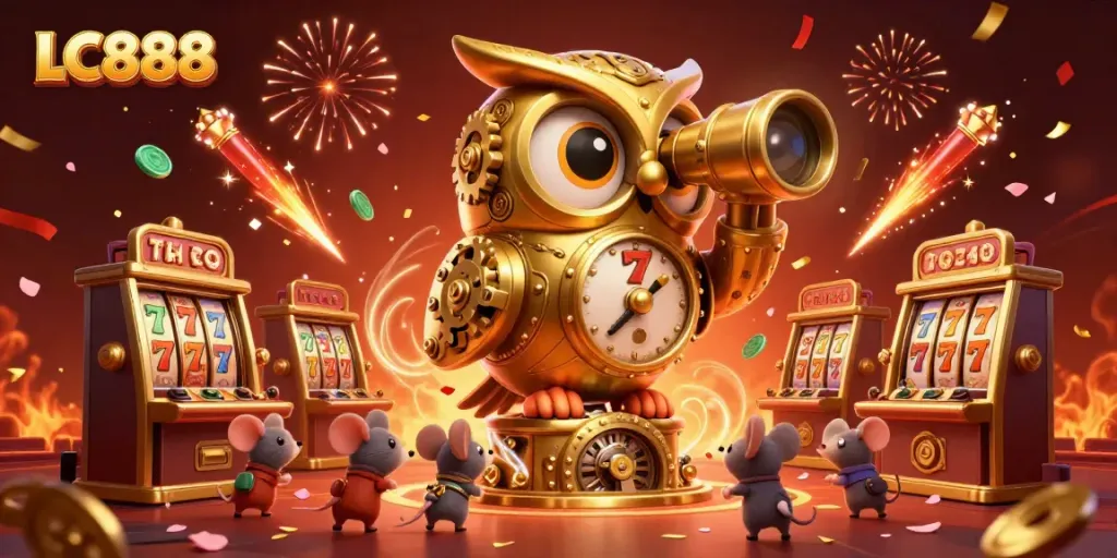 Experience thrilling gameplay with LC888 at a vibrant casino scene featuring dynamic slot machines.