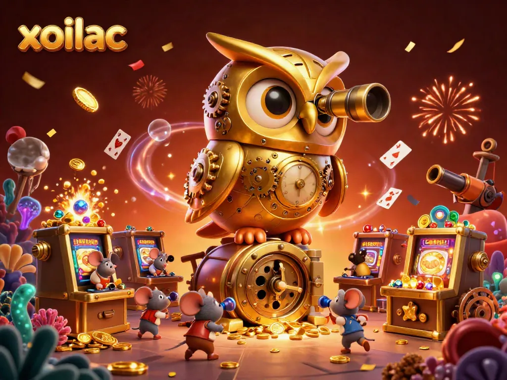 Engaging scene of the Xoilac casino featuring dynamic elements such as a golden owl and vibrant treasure effects.