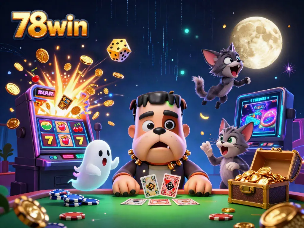 78win showcases an exciting 3D illustration of casino fun with a bulldog dealer, jackpot, and vibrant gameplay.