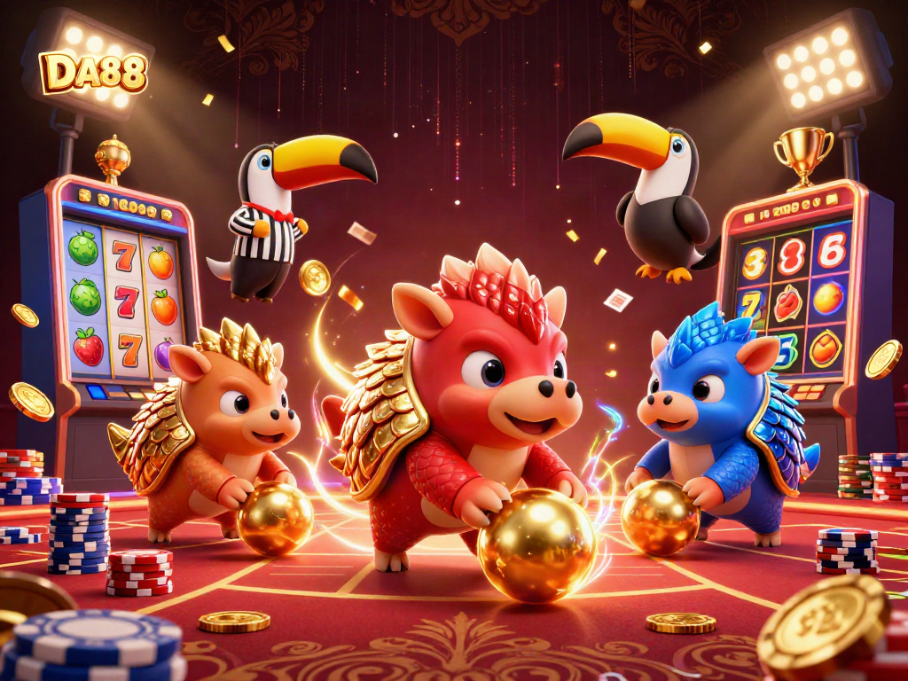 Engage with DA88 in an exciting casino scene featuring rival pangolins rolling golden balls and poker chips.