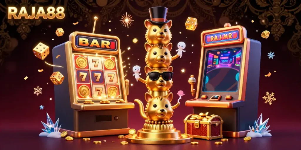 Play thrilling casino games with RAJA88 in a vibrant, festive atmosphere featuring jackpot slots and golden dice.