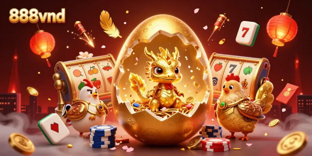 Win big with 888vnd showcasing golden dragon and multiple gaming elements.