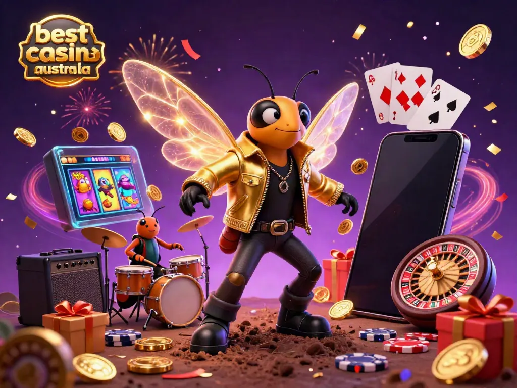 Experience the best mobile casino Australia with a vibrant, detailed illustration of a rock star cicada and casino elements.