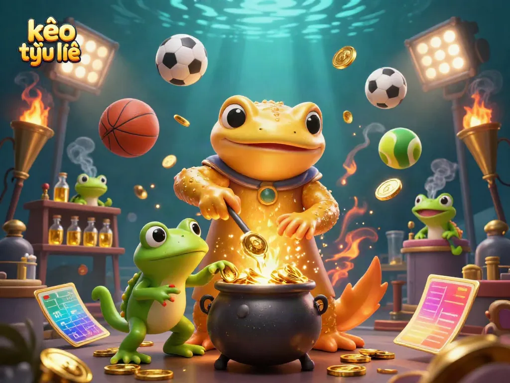 Engage with kèo trực tuyến visualizing a vibrant casino scene powered by a golden alchemist and sports elements.