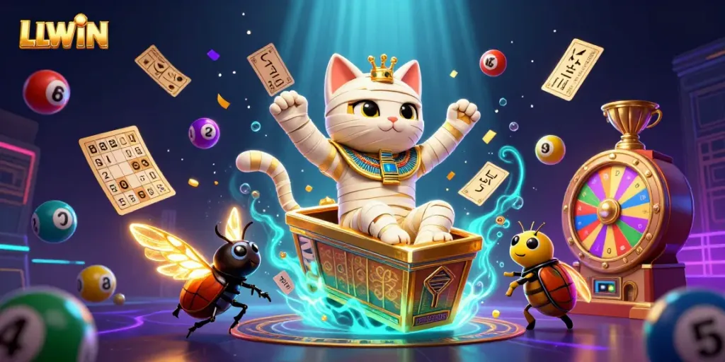 Engaging scene showcasing LLWIN, featuring a cartoon mummy cat and glowing scarab in a vibrant casino setting.