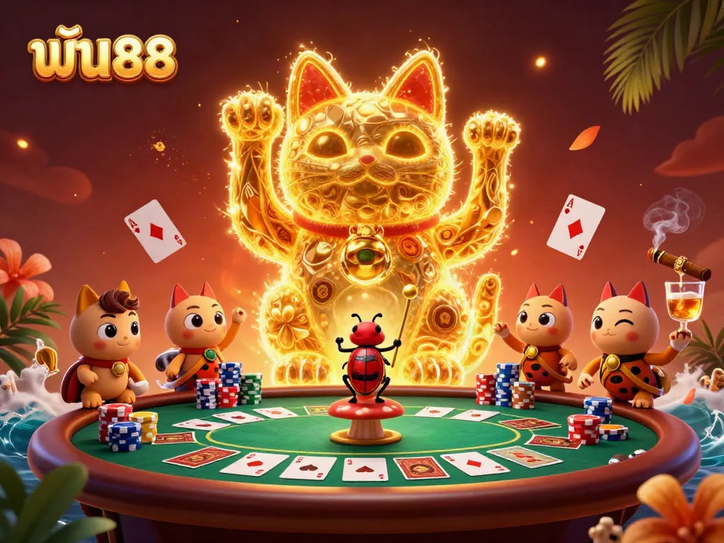 ฟัน88 brings luck to players in this vibrant 3D casino illustration with golden fireflies and poker action.