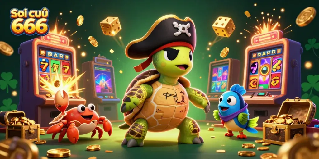 Soi cầu 666 showcases a vibrant 3D cartoon pirate turtle and friends exploring a colorful casino adventure.