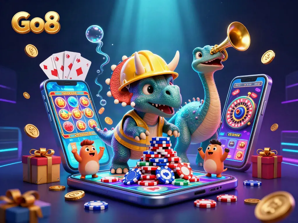 Go8 showcases a lively casino scene with a triceratops and parasaurolophus amidst vibrant gaming elements.