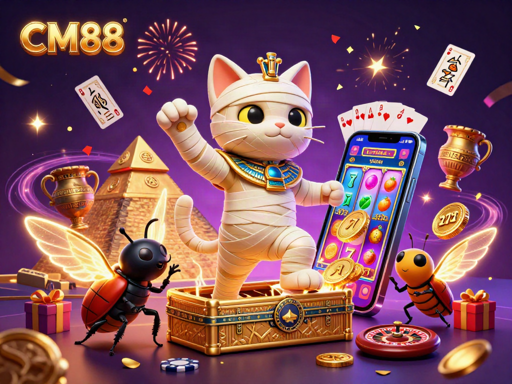 CM88 features a vibrant 3D casino illustration with an Egyptian theme, highlighting exciting gaming elements.