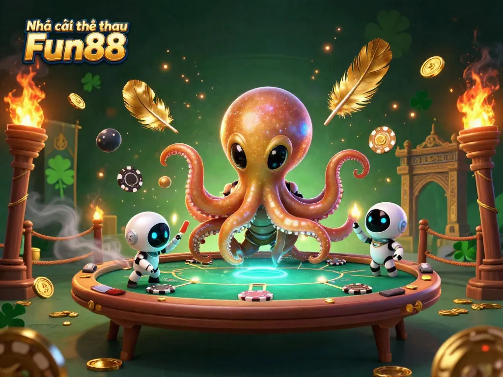 Engaging 3D scene of Nhà cái thể thao Fun88 showcasing an alien octopus operating a poker table amidst vibrant casino elements.