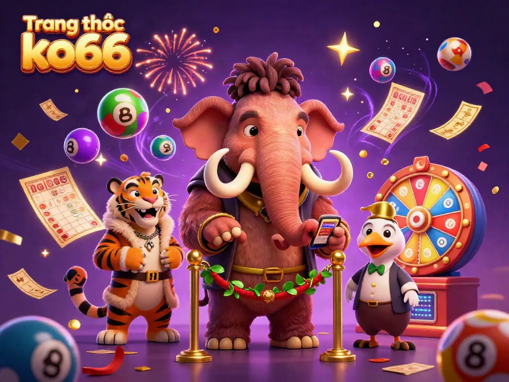 Experience the vibrant world of Trang chủ ko66 where a woolly mammoth bouncer greets guests amidst colorful casino games.