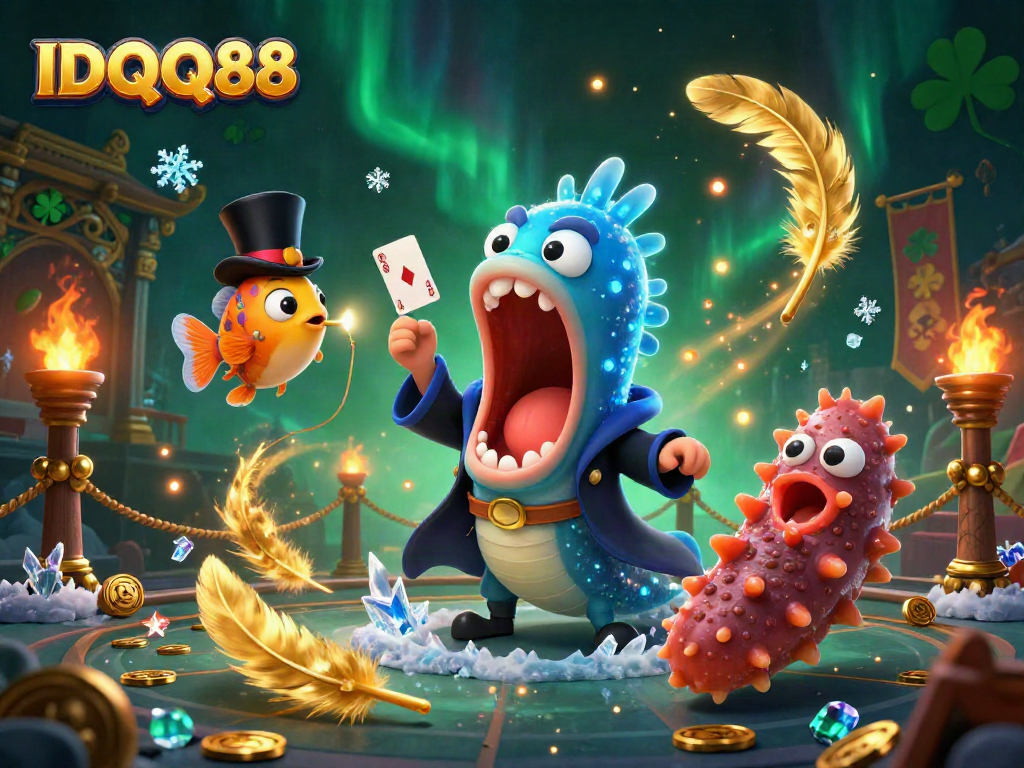 Engage with IDQQ88's vibrant 3D casino scene featuring magical deep-sea characters performing tricks.