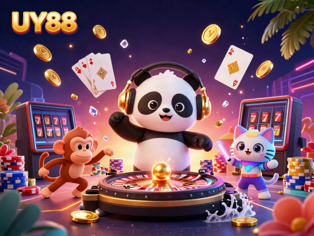 Spin and win with UY88's vibrant online gaming scene featuring animated characters and casino elements.