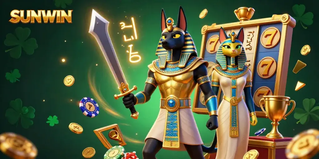 Engage with SUNWIN's vibrant 3D casino adventure, showcasing ancient Egyptian characters and casino elements.