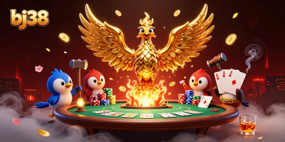 Experience high-stakes poker with bj38, featuring fiery golden phoenix and vibrant poker elements.