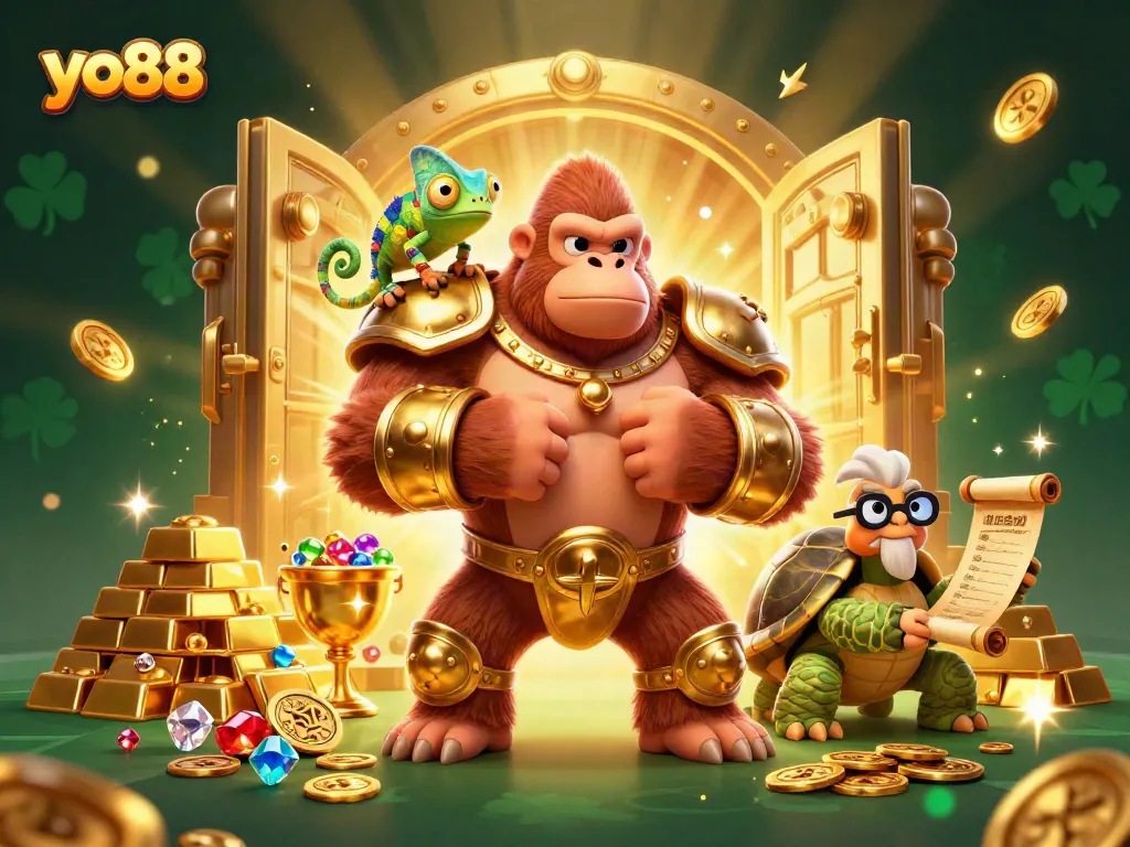 Experience thrilling gameplay at yo88 with vibrant 3D gorilla king, treasures, and dynamic casino action.