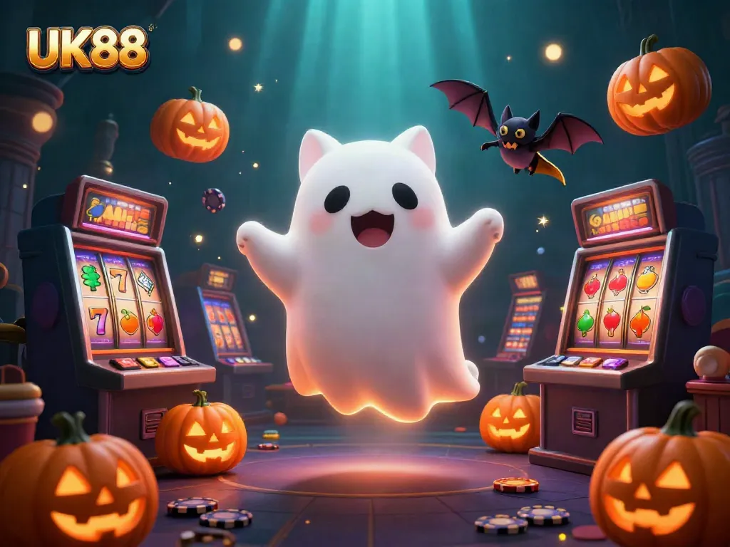 Experience excitement at UK88 with a ghost cat and vampire bat in a lively casino scene.