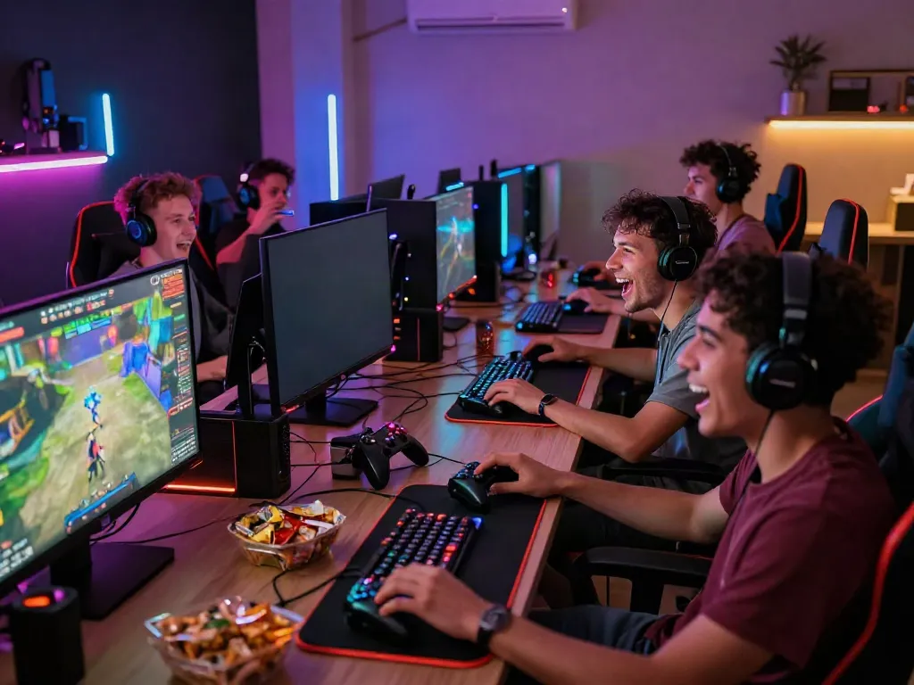 Diverse friends enjoying an exciting gaming session with kilat 404 at night.