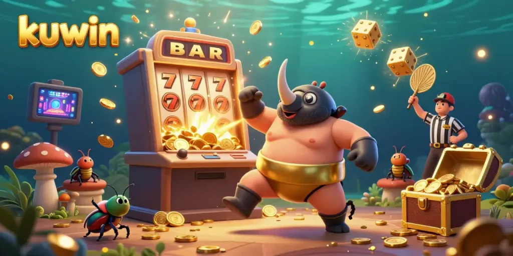 Kuwin features a vibrant 3D casino scene showcasing a rhinoceros beetle sumo champion amidst a jackpot explosion, engaging players.